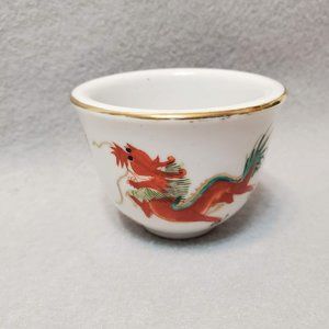 Vintage Chinese Dragon Tea Sake Cup, Thick Porcelain Restaurant Ware, Red Dragon